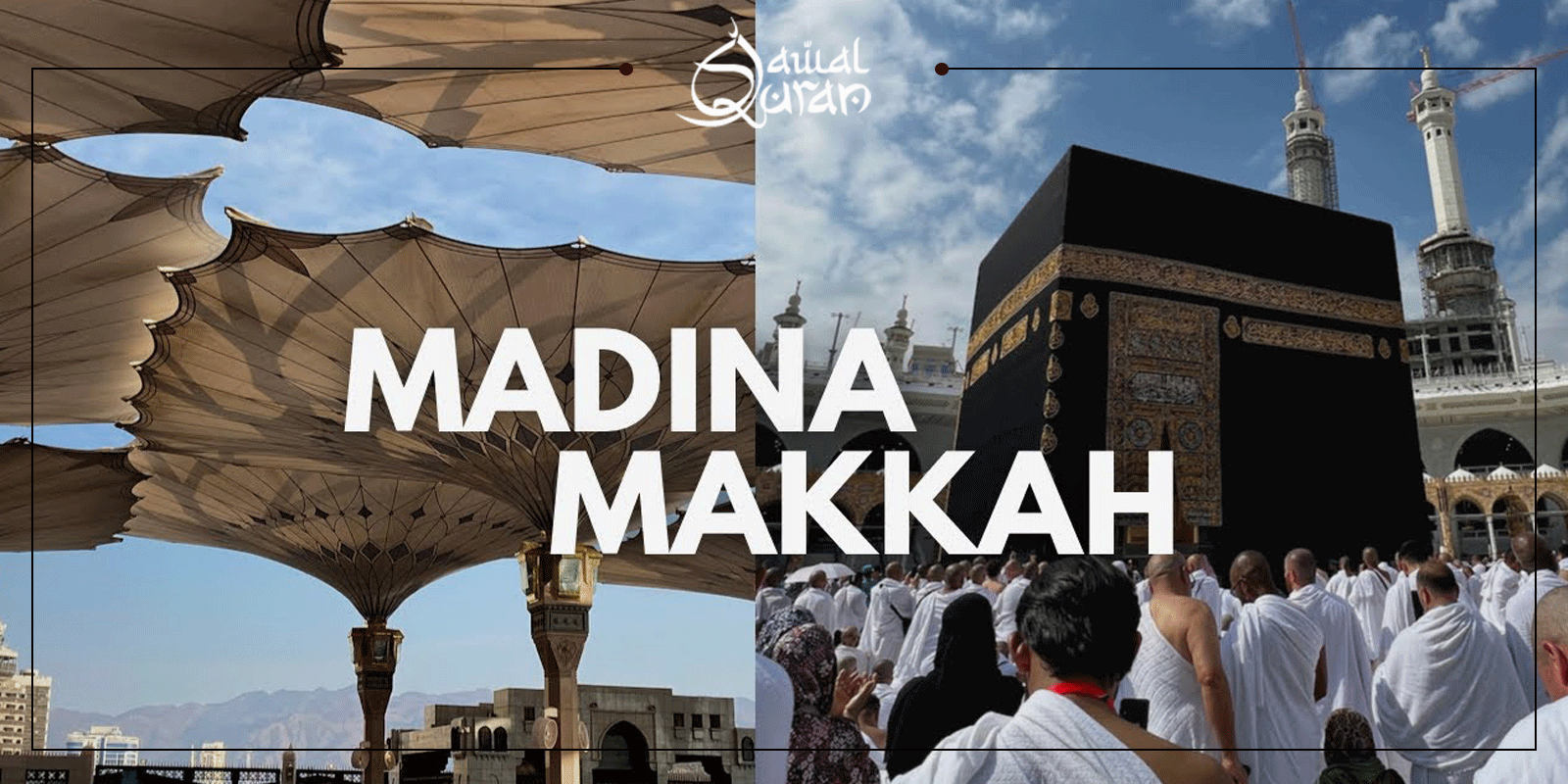 A scenic view of Makkah and Madina, highlighting their religious significance in Islam with pilgrims and historical landmarks.