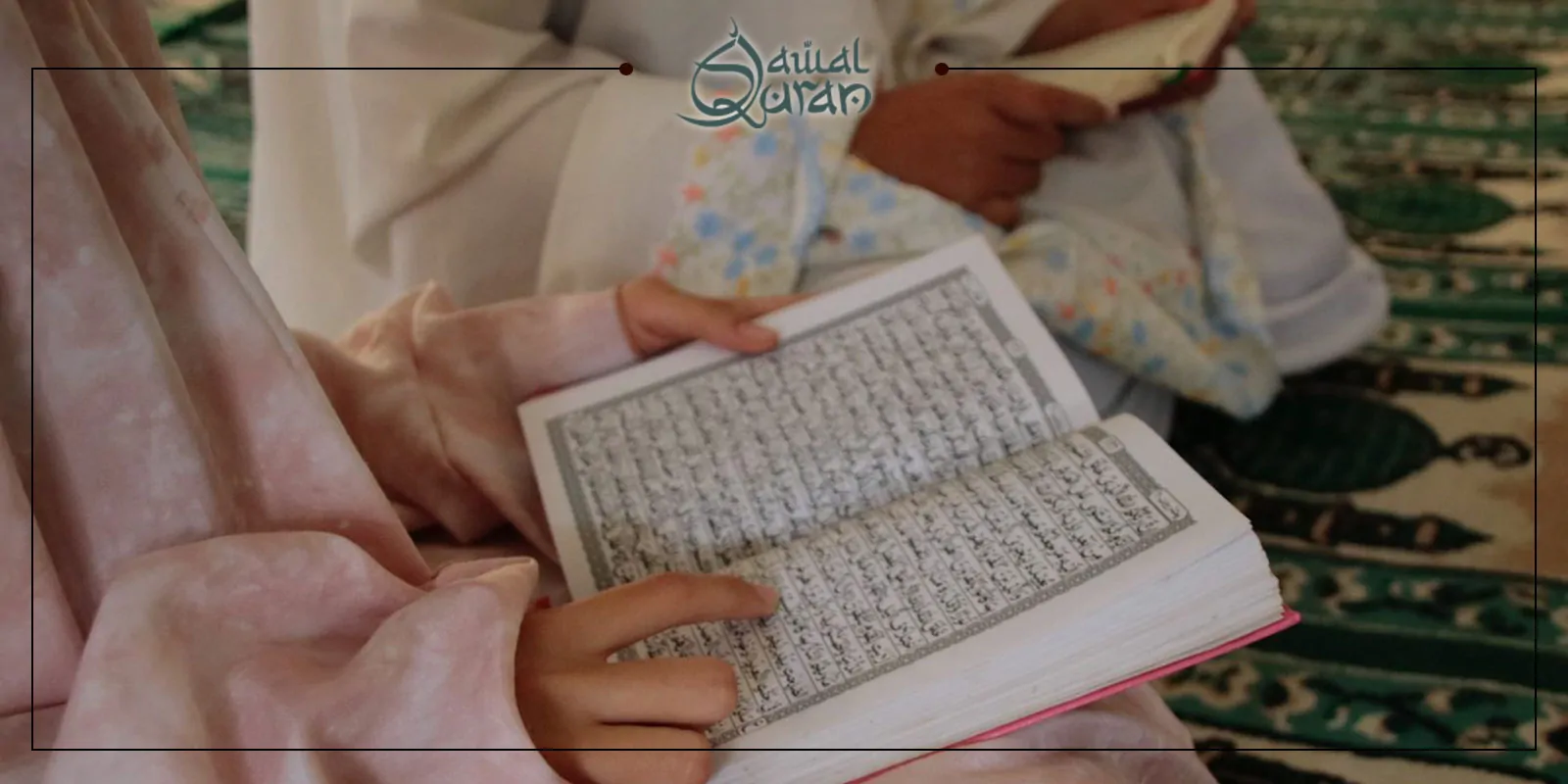A woman engaged in reading the Quran in a mosque, with beautiful decor and serene atmosphere enhancing her focus.